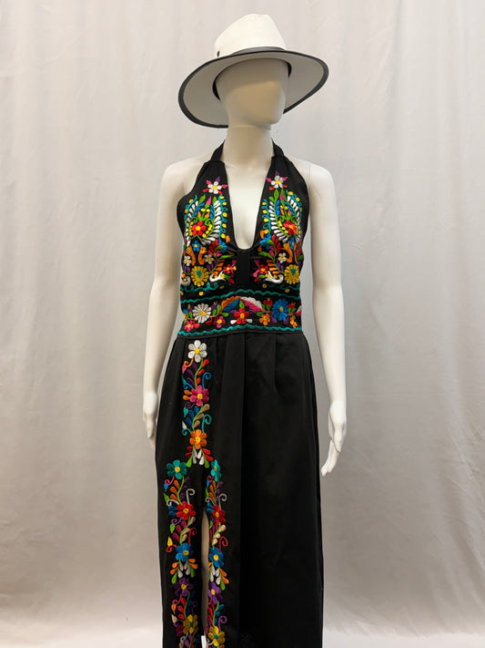 Women's Mexican Embroidered Halter Dress with Slit