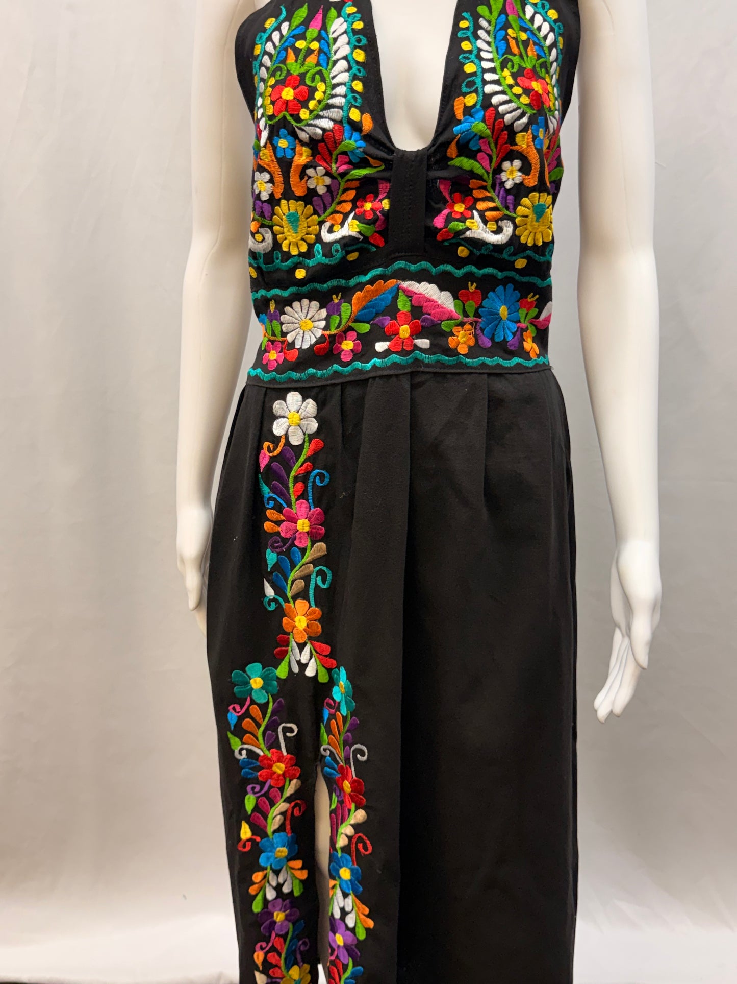Women's Mexican Embroidered Halter Dress with Slit