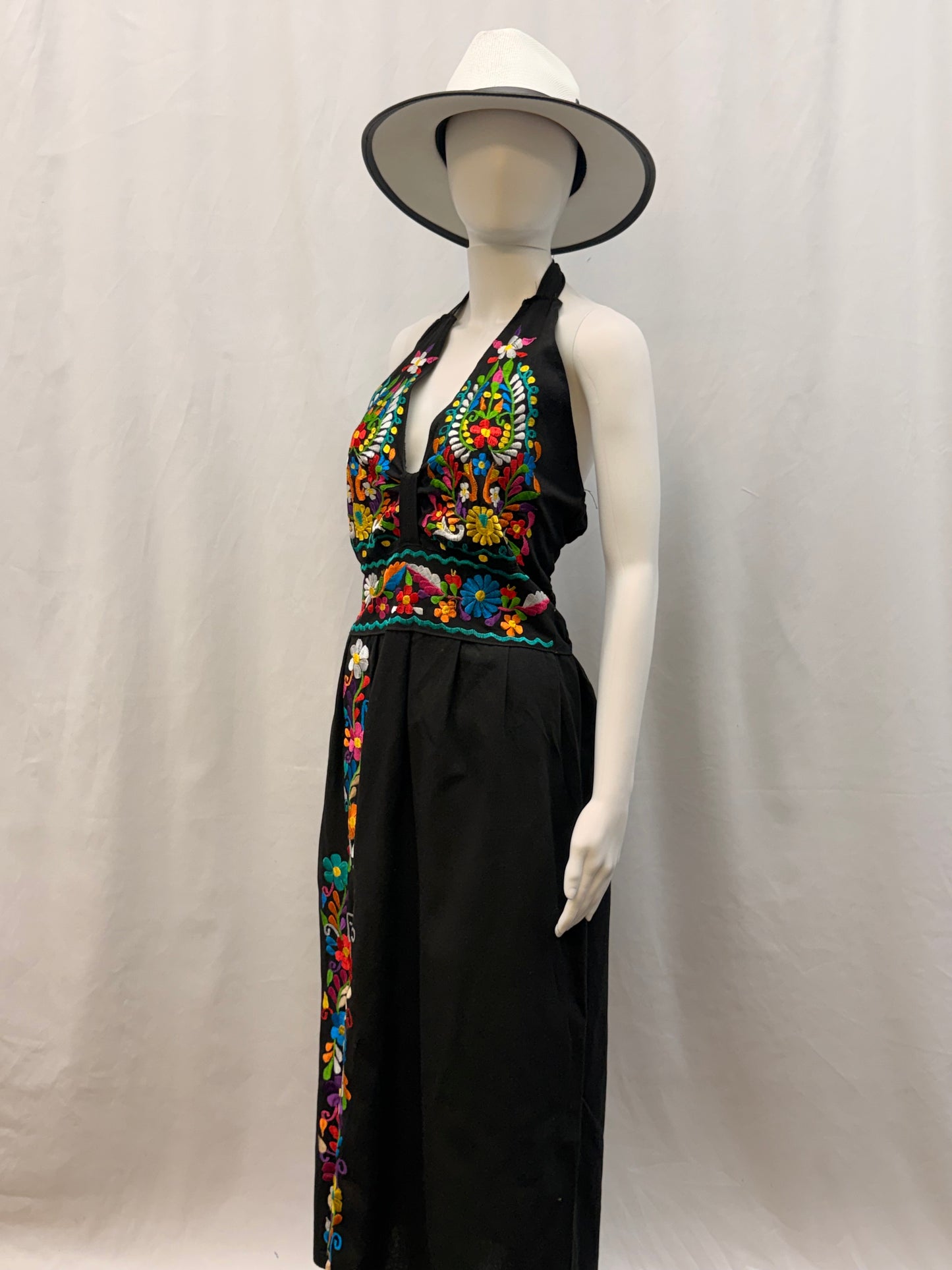 Women's Mexican Embroidered Halter Dress with Slit