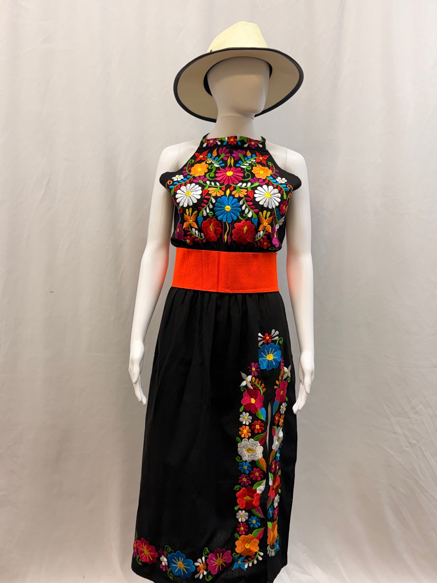 Women's Mexican Embroidered Halter Dress with Slit