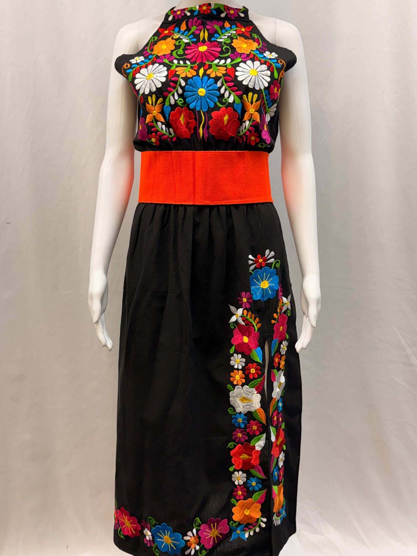 Women's Mexican Embroidered Halter Dress with Slit