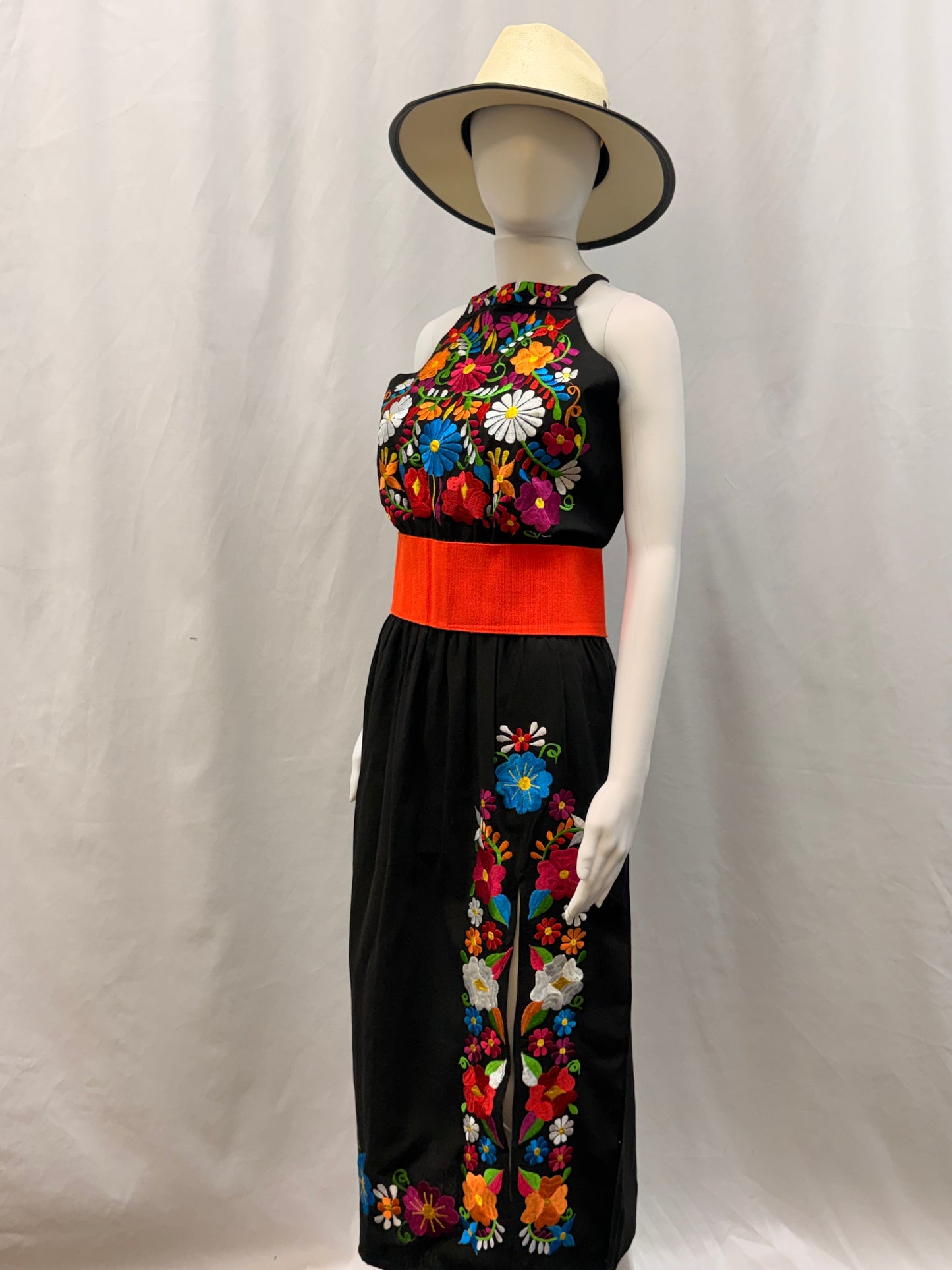 Women's Mexican Embroidered Halter Dress with Slit