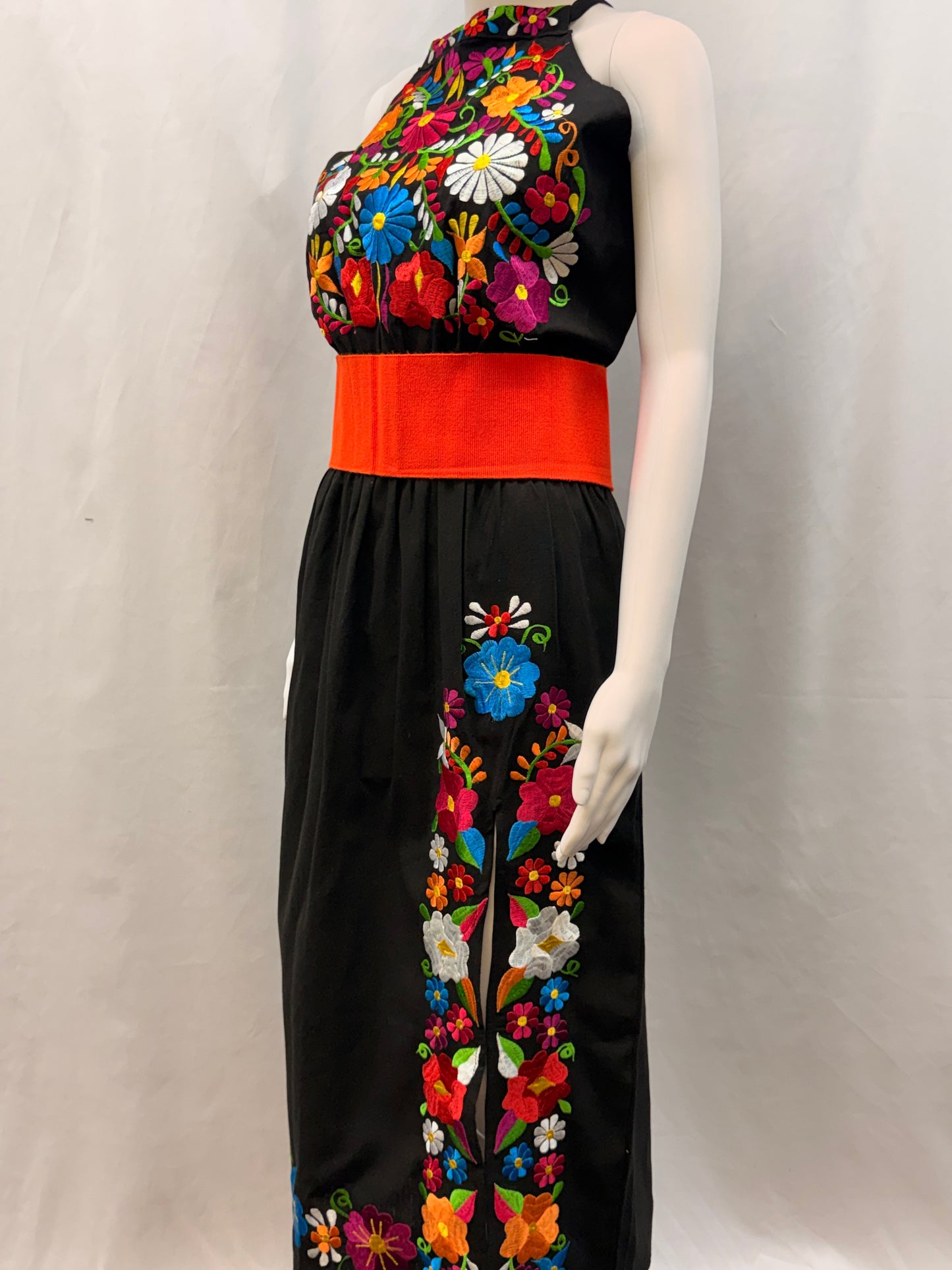 Women's Mexican Embroidered Halter Dress with Slit