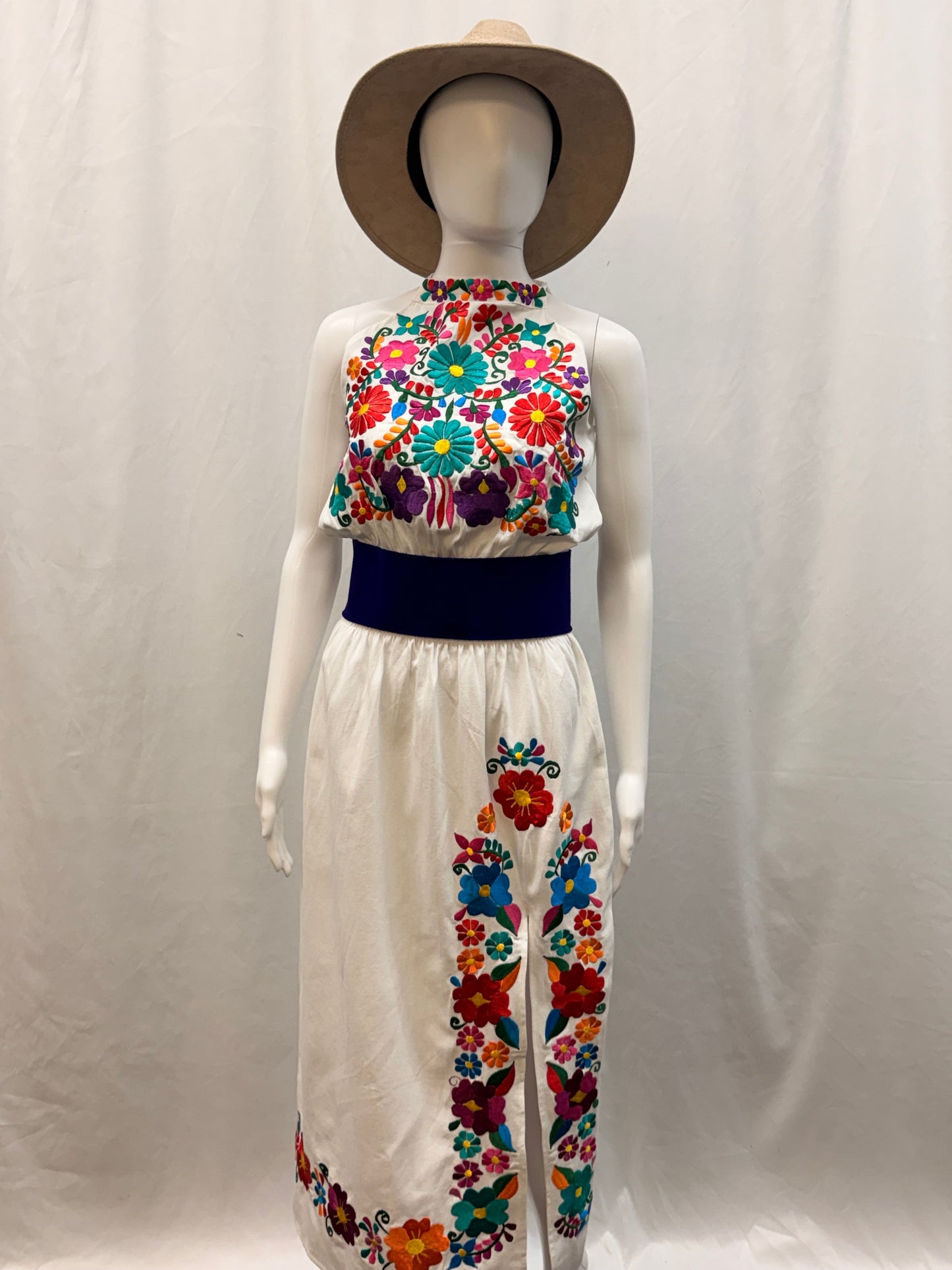 Women's Mexican Embroidered Halter Dress with Slit