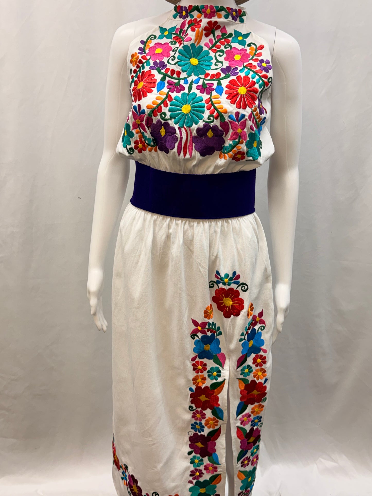 Women's Mexican Embroidered Halter Dress with Slit