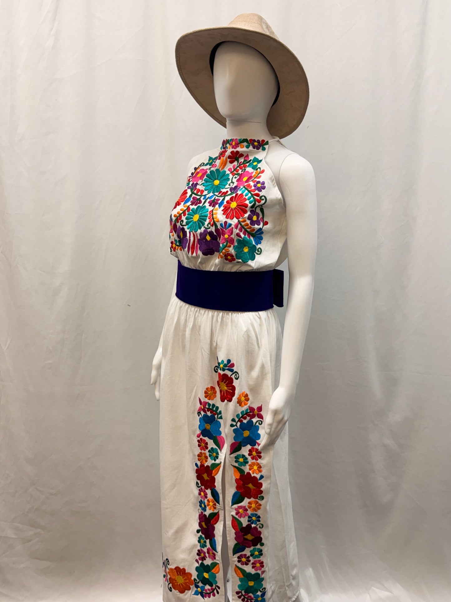 Women's Mexican Embroidered Halter Dress with Slit