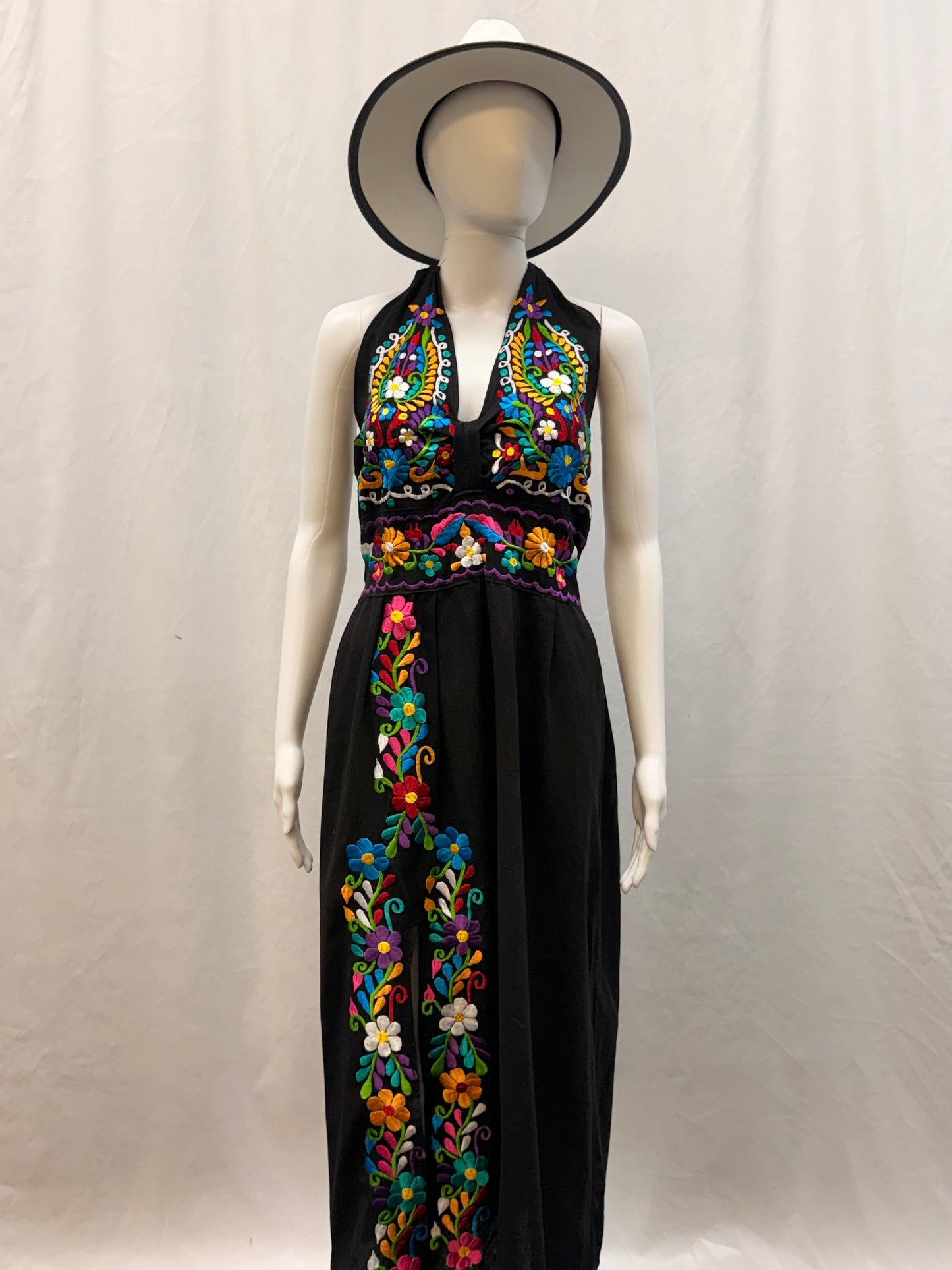 Women's Mexican Embroidered Floral Halter Dress with Slit