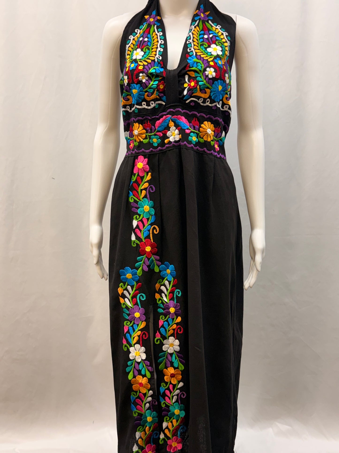 Women's Mexican Embroidered Floral Halter Dress with Slit
