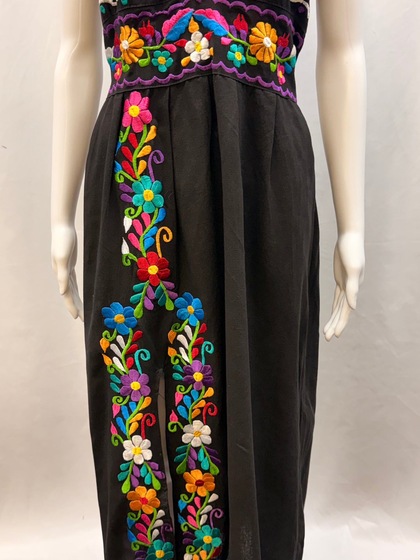 Women's Mexican Embroidered Floral Halter Dress with Slit