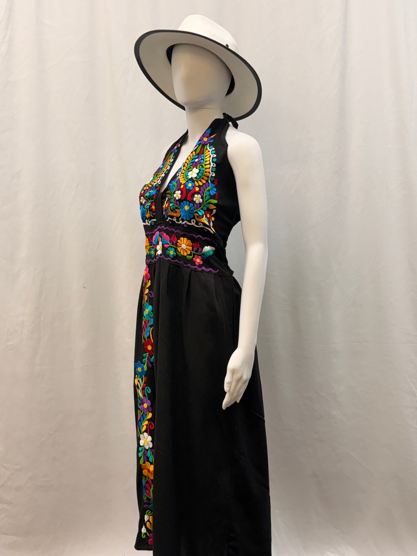 Women's Mexican Embroidered Floral Halter Dress with Slit