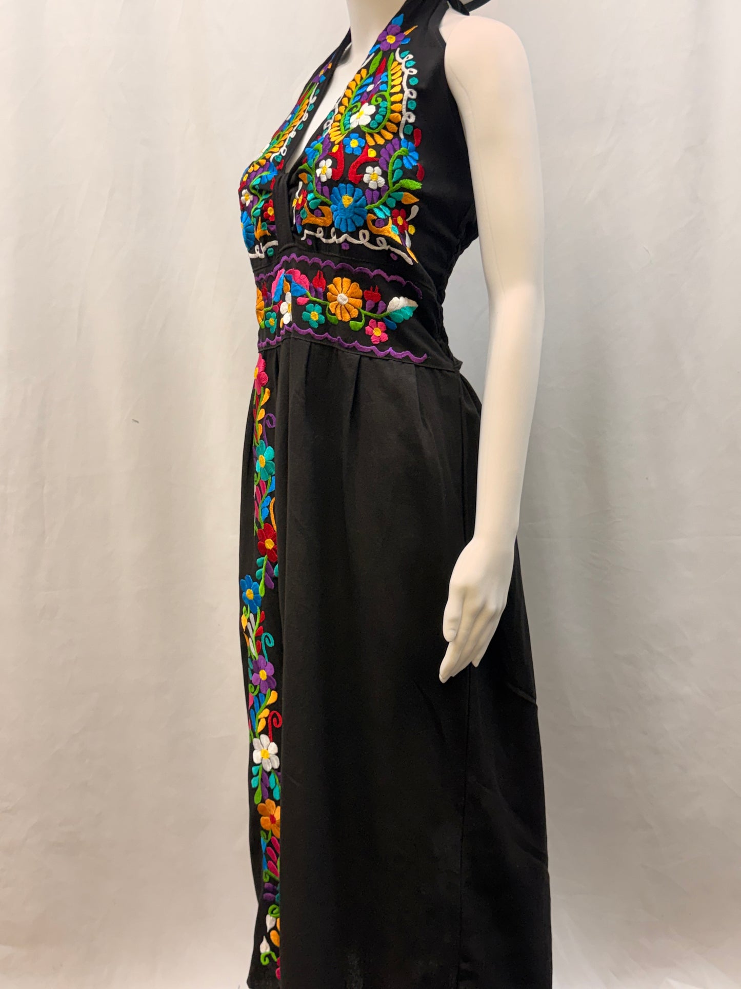 Women's Mexican Embroidered Floral Halter Dress with Slit