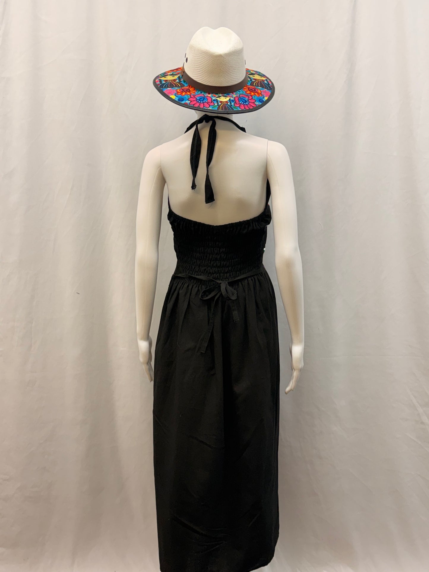 Women's Mexican Embroidered Floral Halter Dress with Slit