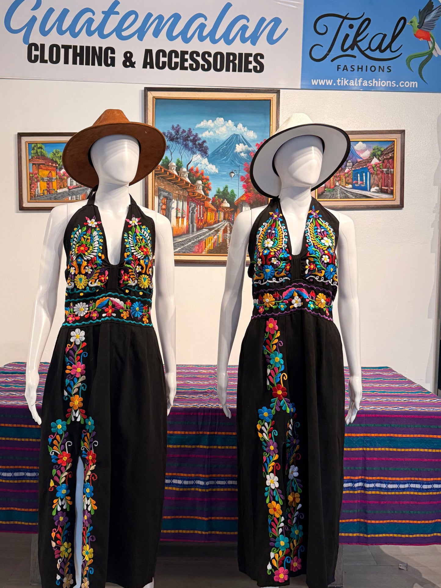 Women's Mexican Embroidered Floral Halter Dress with Slit