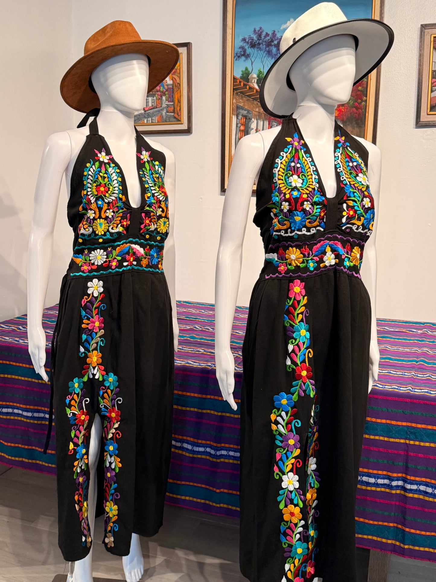 Women's Mexican Embroidered Halter Dress with Slit