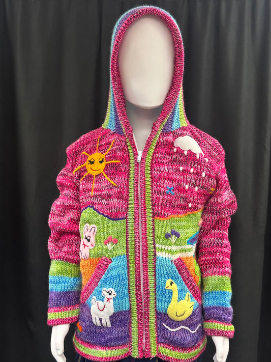 Girl's Wool Hooded Embroidered Cardigan