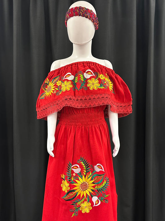 Girl's Mexican Embroidered Sunflower and Tulip Dress