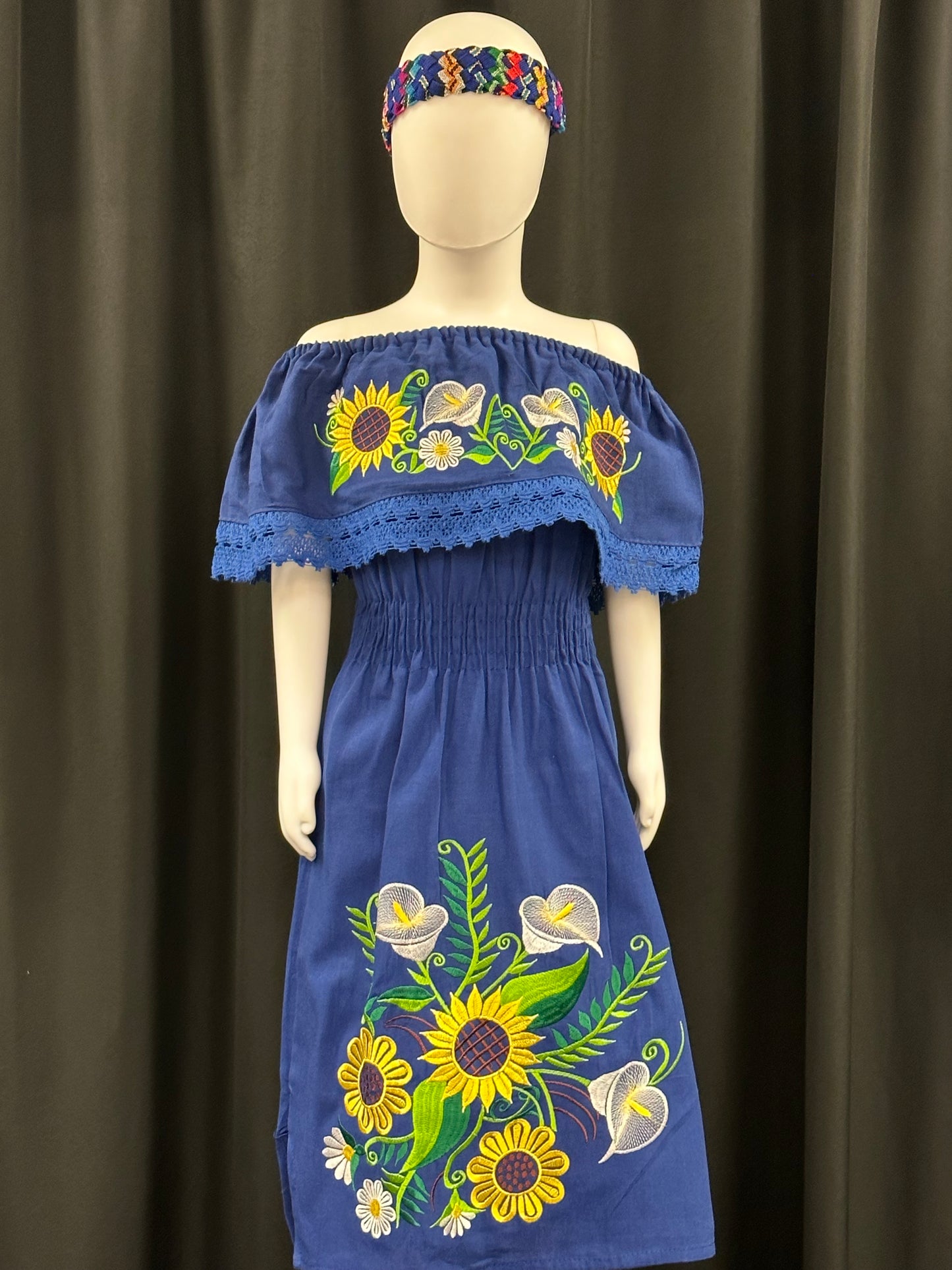 Girl's Mexican Embroidered Sunflower and Tulip Dress