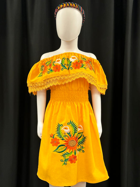 Girl's Mexican Embroidered Sunflower and Tulip Dress