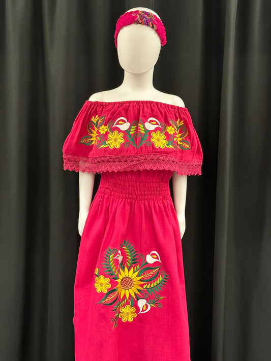 Girl's Mexican Embroidered Sunflower and Tulip Dress