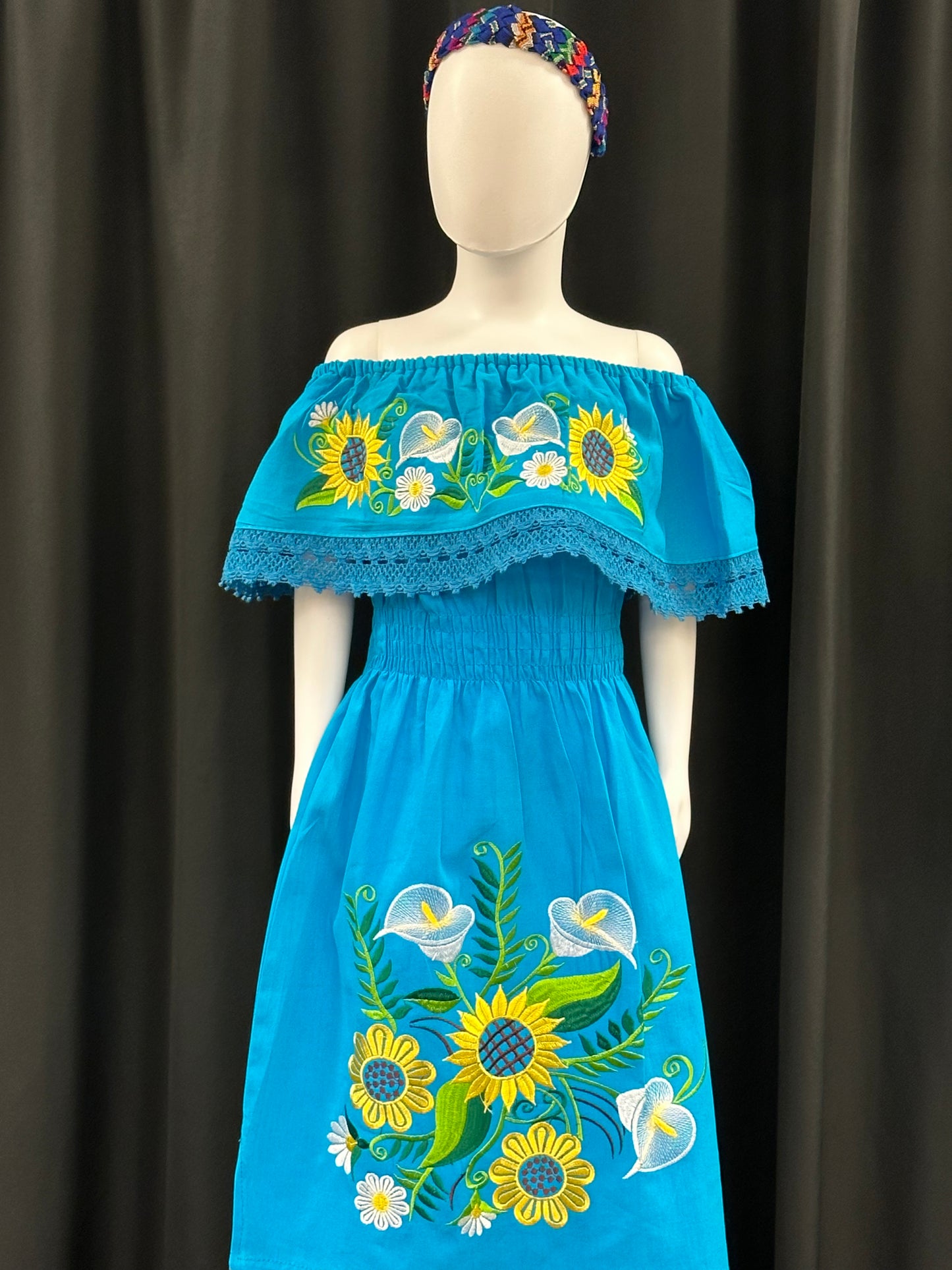 Girl's Mexican Embroidered Sunflower and Tulip Dress