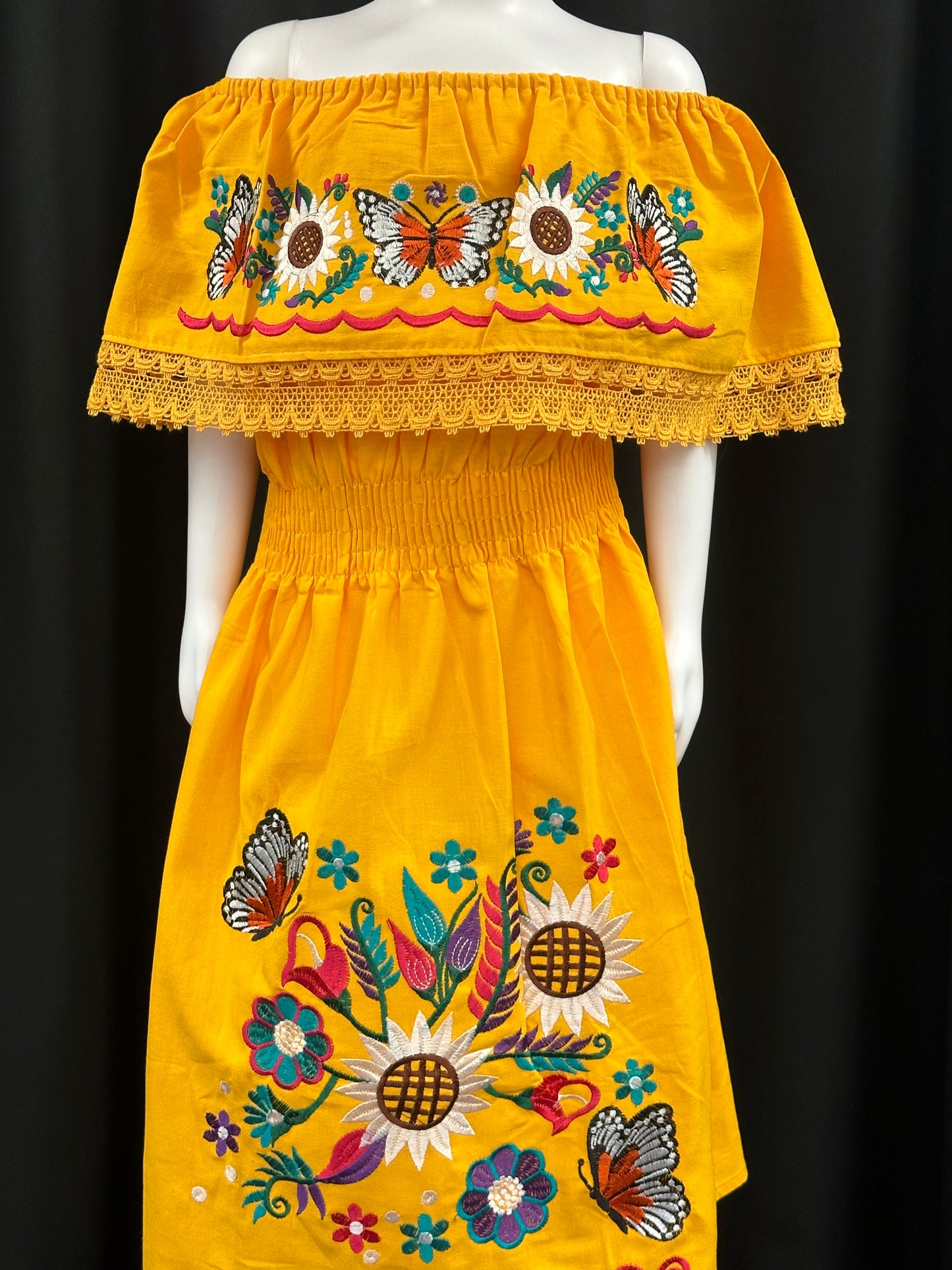 Girl's Mexican Butterfly and Sunflower Embroidered Dress