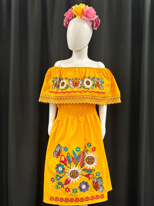 Girl's Mexican Butterfly and Sunflower Embroidered Dress