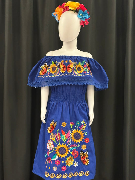 Girl's Mexican Butterfly and Sunflowers Embroidered Dress