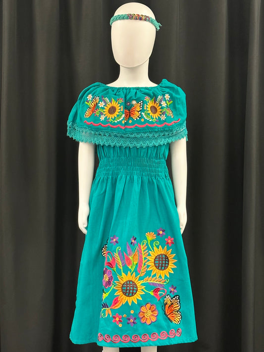 Girl's Mexican Butterfly and Sunflower Embroidered Dress