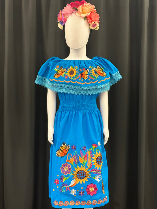 Girl's Mexican Butterfly and Sunflower Embroidered Dress