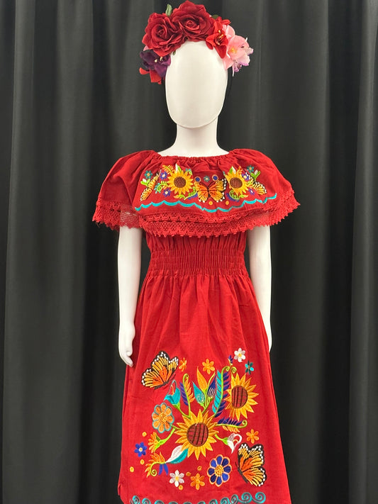 Girl's Mexican Butterfly and Sunflower Embroidered Dress