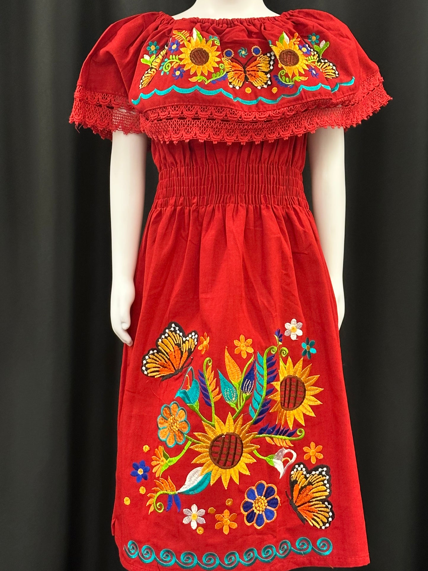 Girl's Mexican Butterfly and Sunflower Embroidered Dress