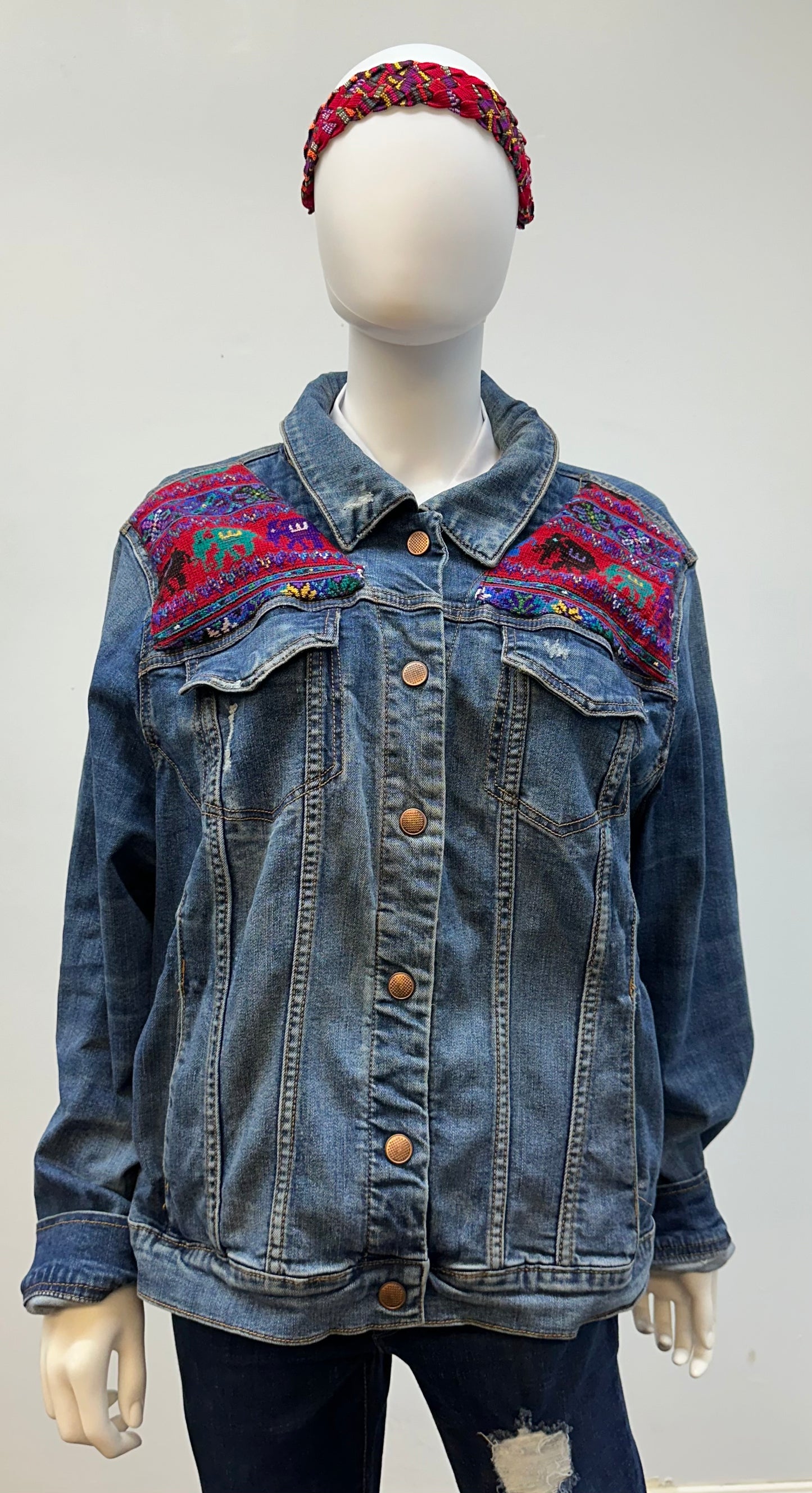 Women's Guatemalan Jean Jacket with Huipil Patchwork