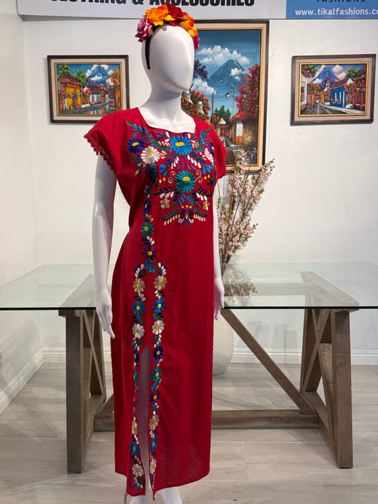 Women's Mexican Embroidered Floral Dress with Slit