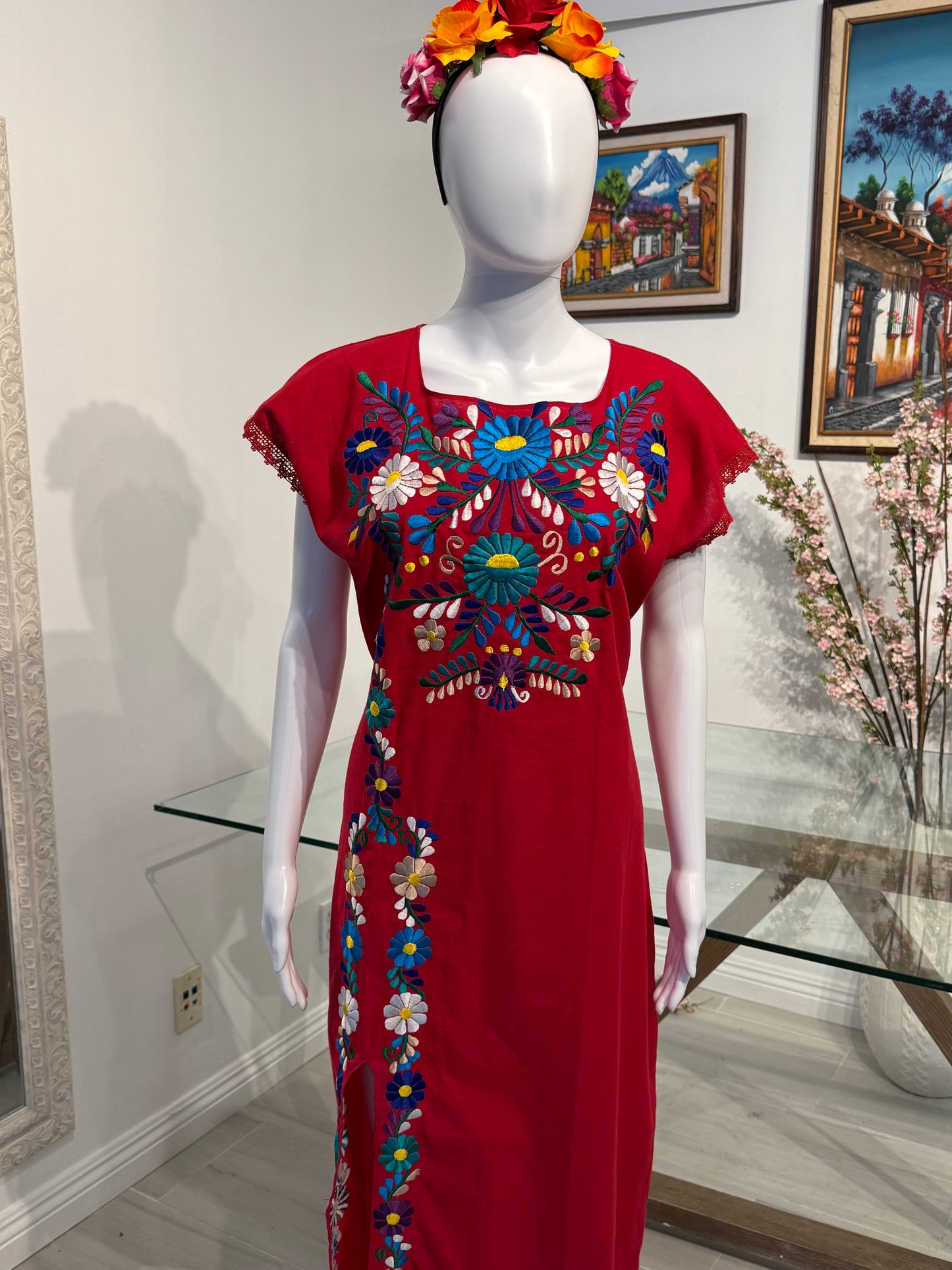 Women's Mexican Embroidered Floral Dress with Slit
