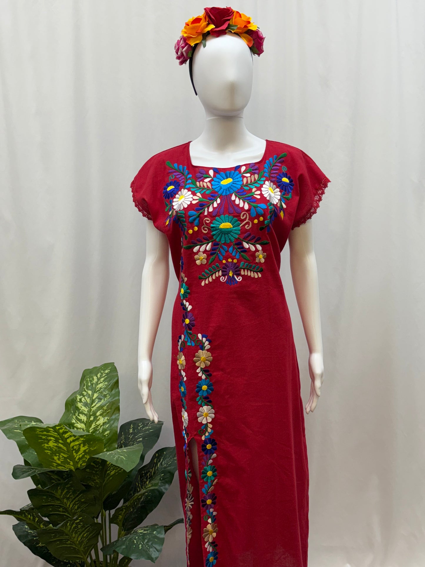 Women's Mexican Embroidered Floral Dress with Slit