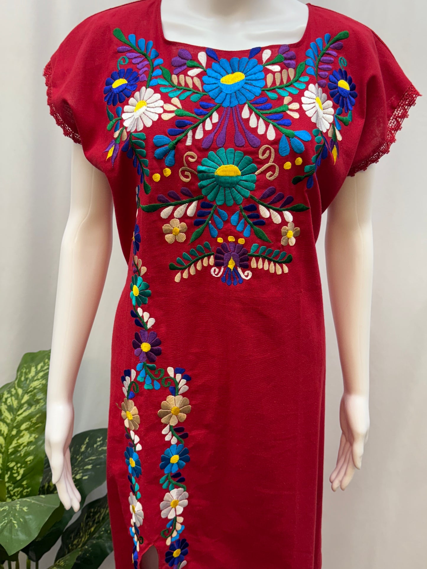 Women's Mexican Embroidered Floral Dress with Slit