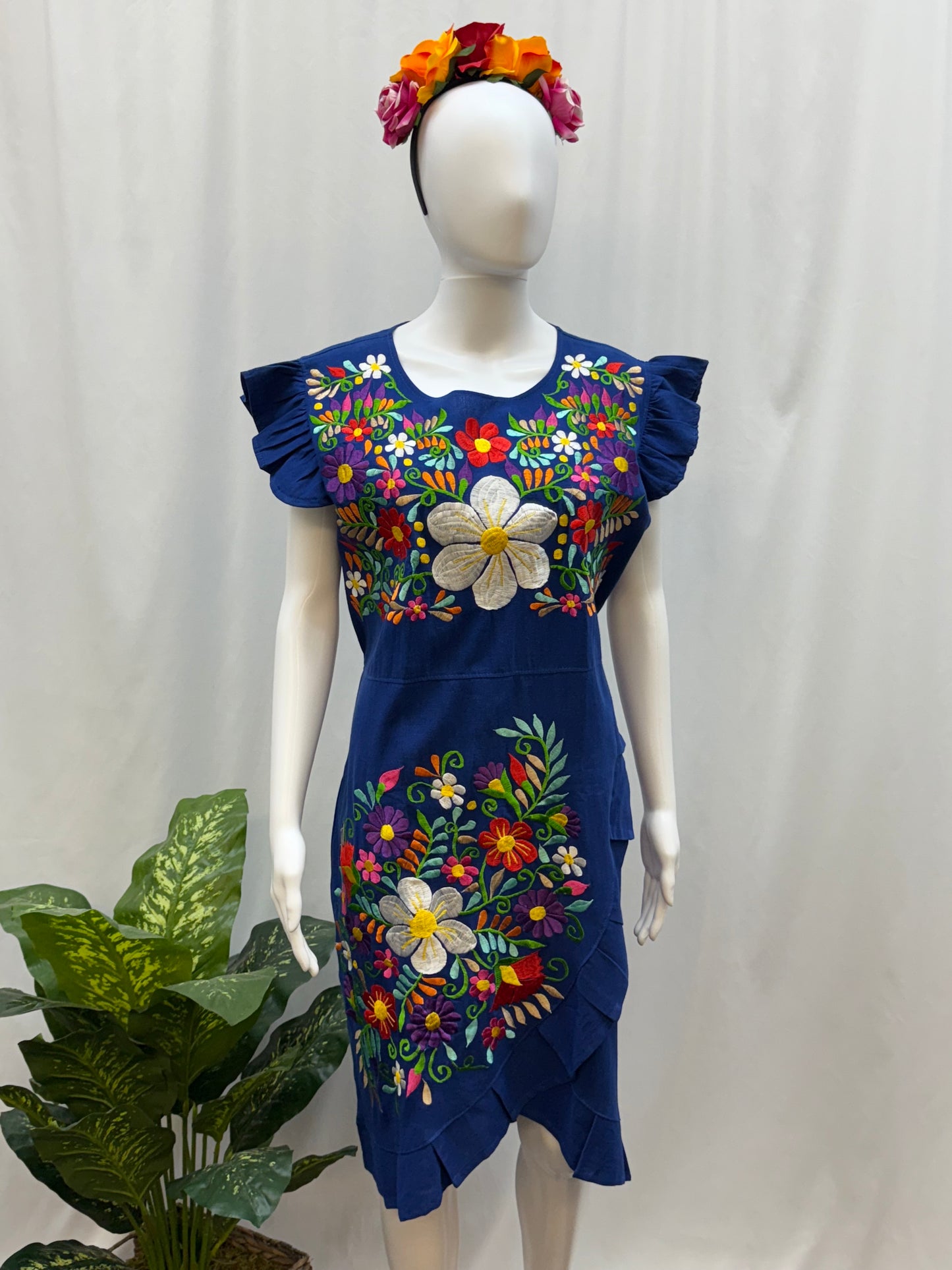 Women's Mexican Embroidered Floral Dress with Slit