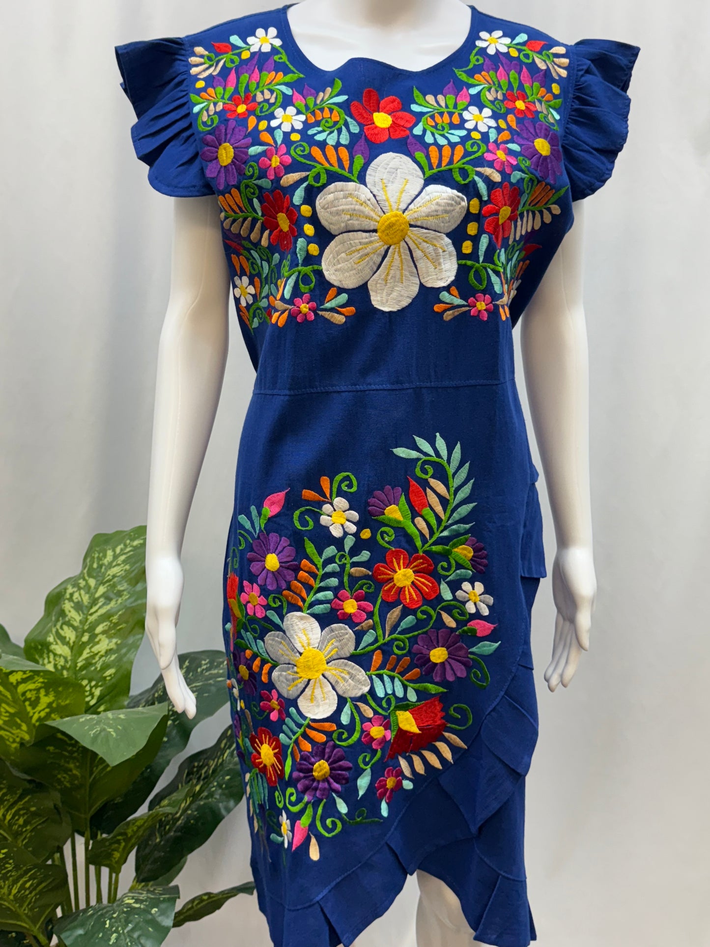 Women's Mexican Embroidered Floral Dress with Slit