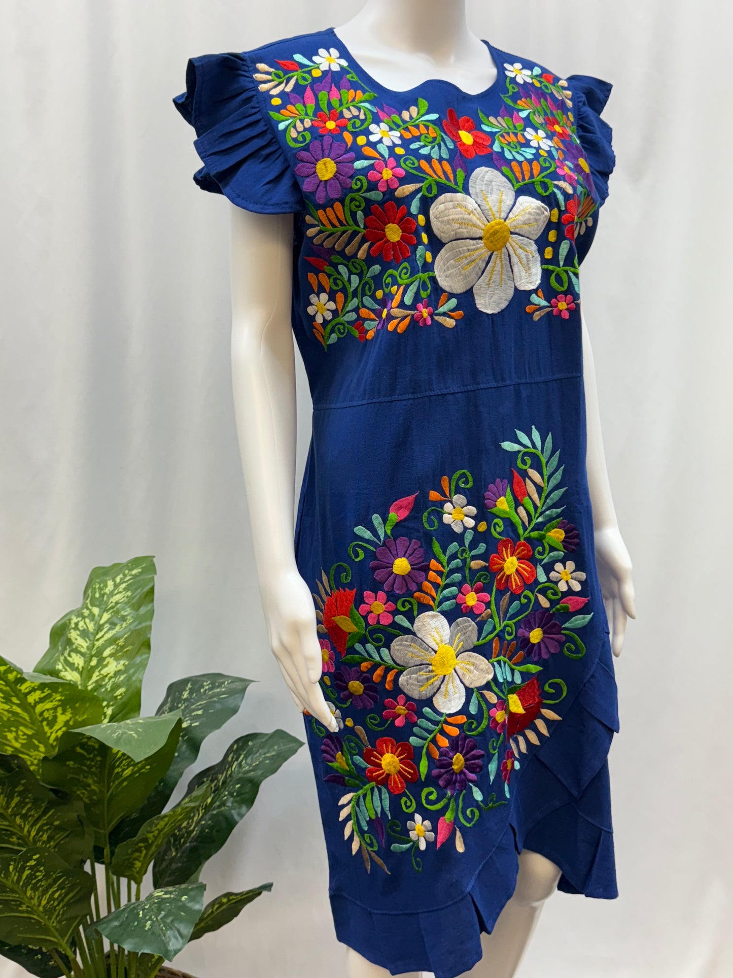 Women's Mexican Embroidered Floral Dress with Slit