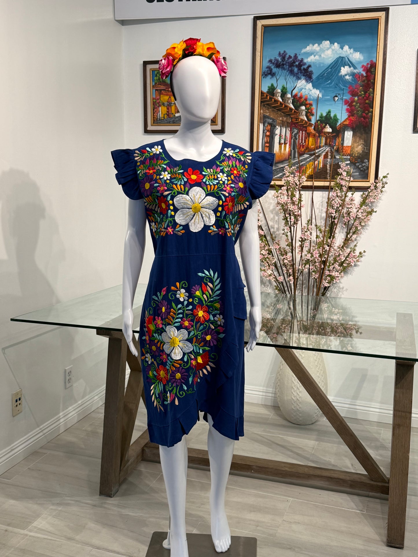 Women's Mexican Embroidered Floral Dress with Slit