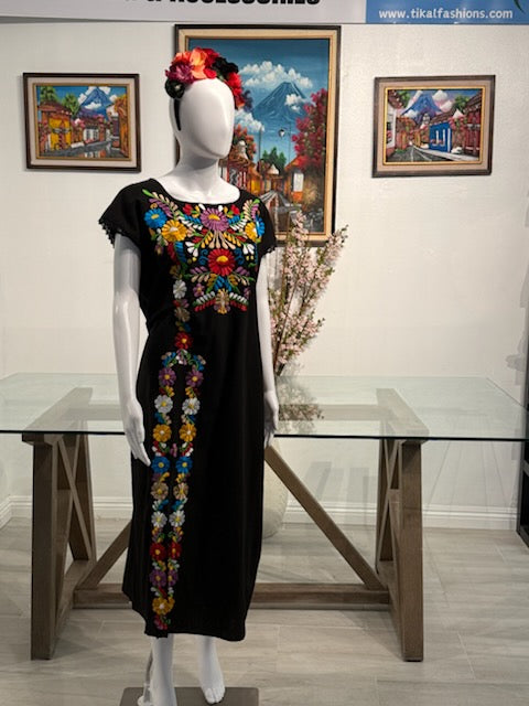 Women's Mexican Embroidered Floral Dress with Slit