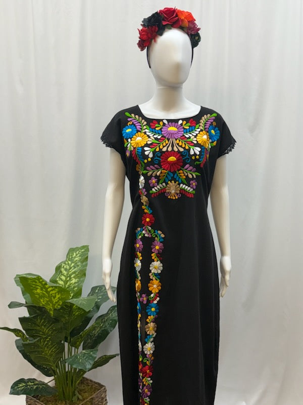 Women's Mexican Embroidered Floral Dress with Slit