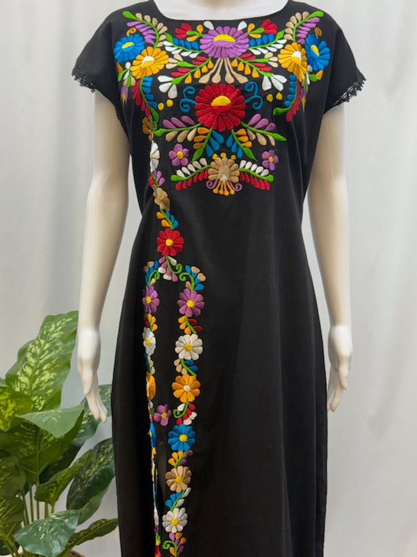 Women's Mexican Embroidered Floral Dress with Slit
