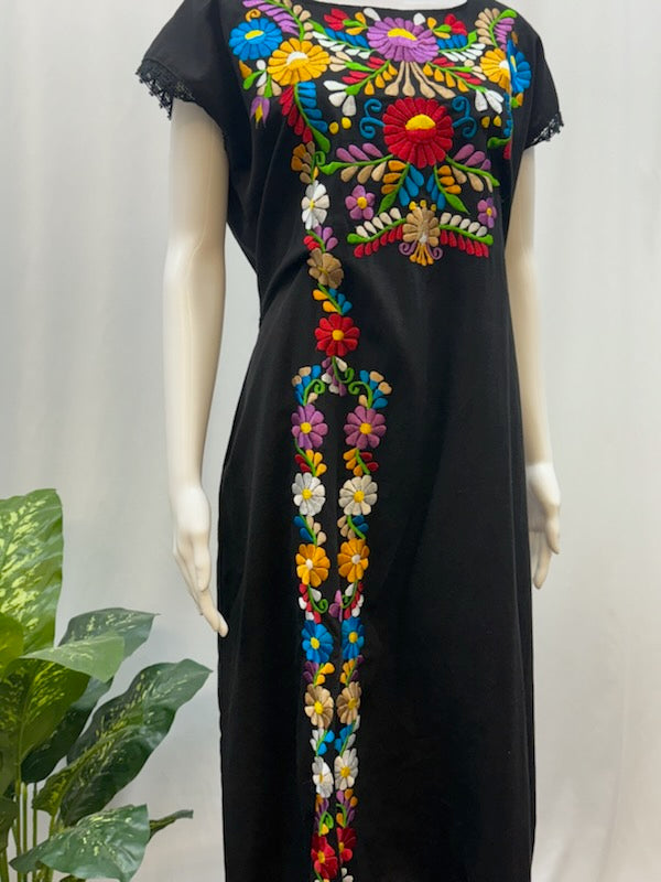 Women's Mexican Embroidered Floral Dress with Slit