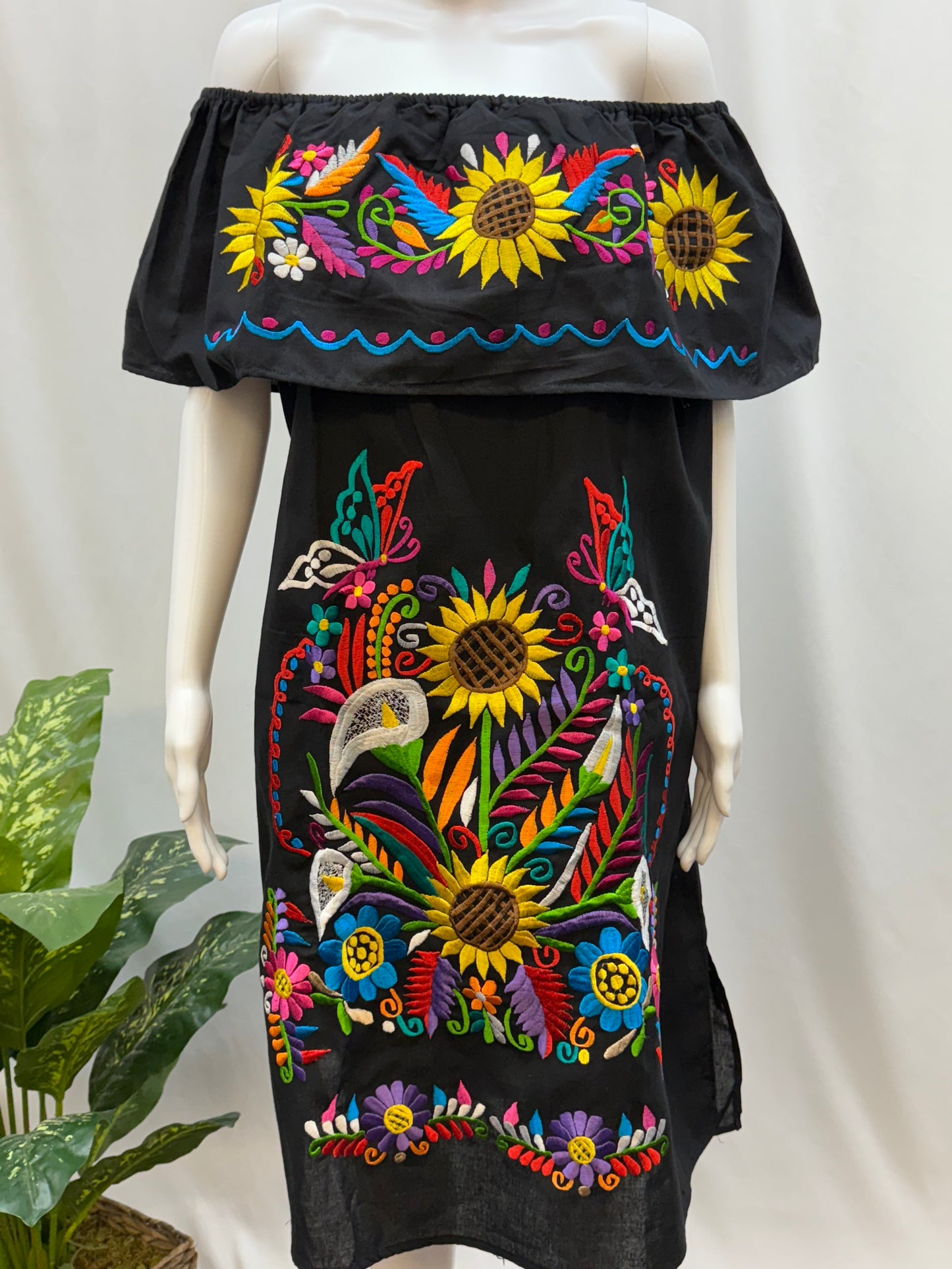 Women's Mexican Sunflower and Lily Embroidered Dress