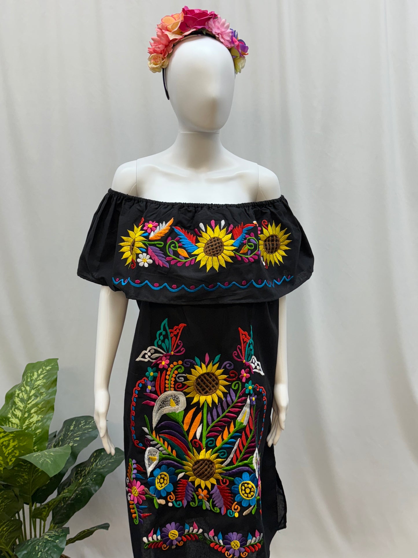 Women's Mexican Sunflower and Lily Embroidered Dress