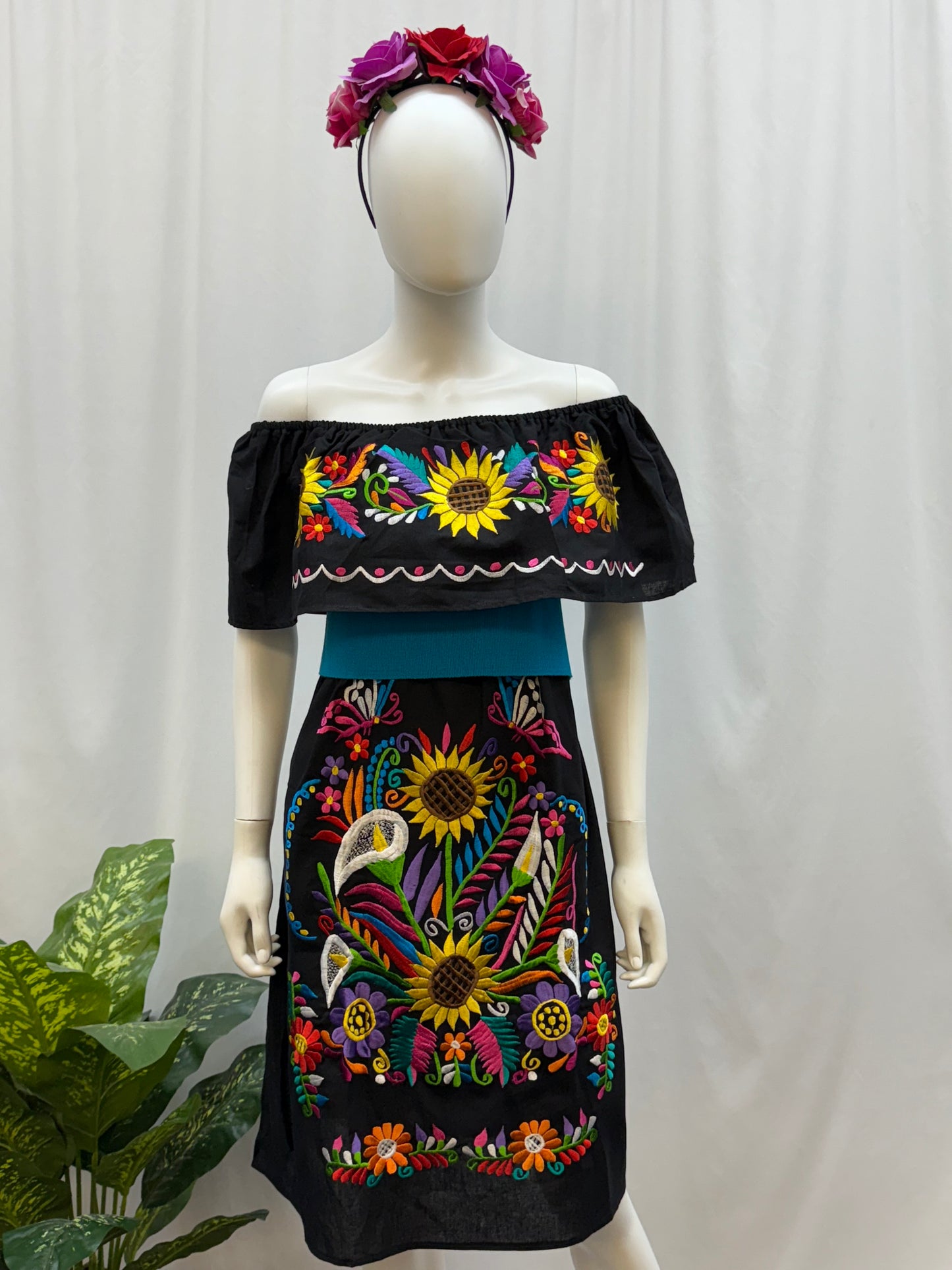 Women's Mexican Sunflower and Lily Off the Shoulder Dress