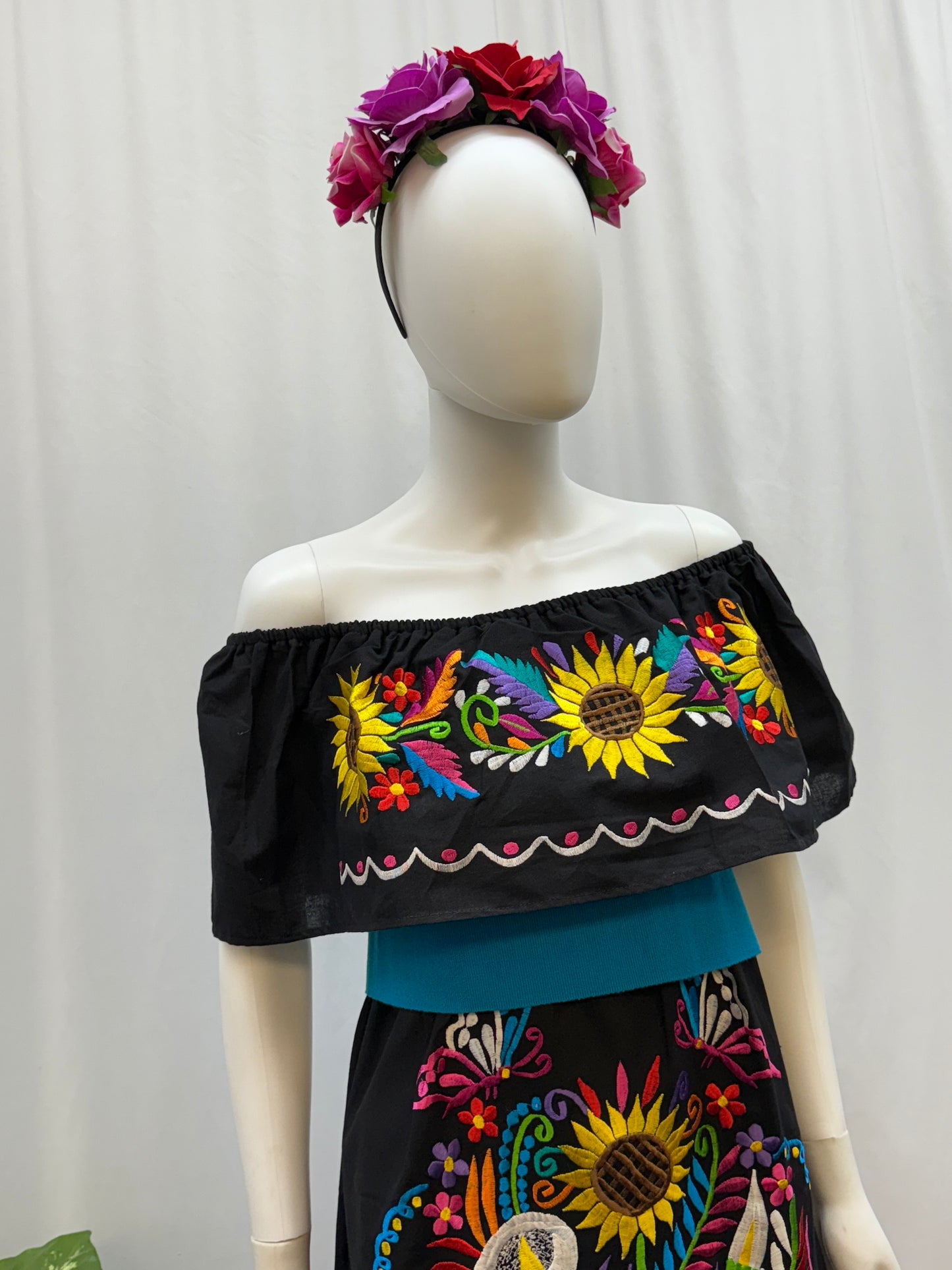 Women's Mexican Sunflower and Lily Off the Shoulder Dress