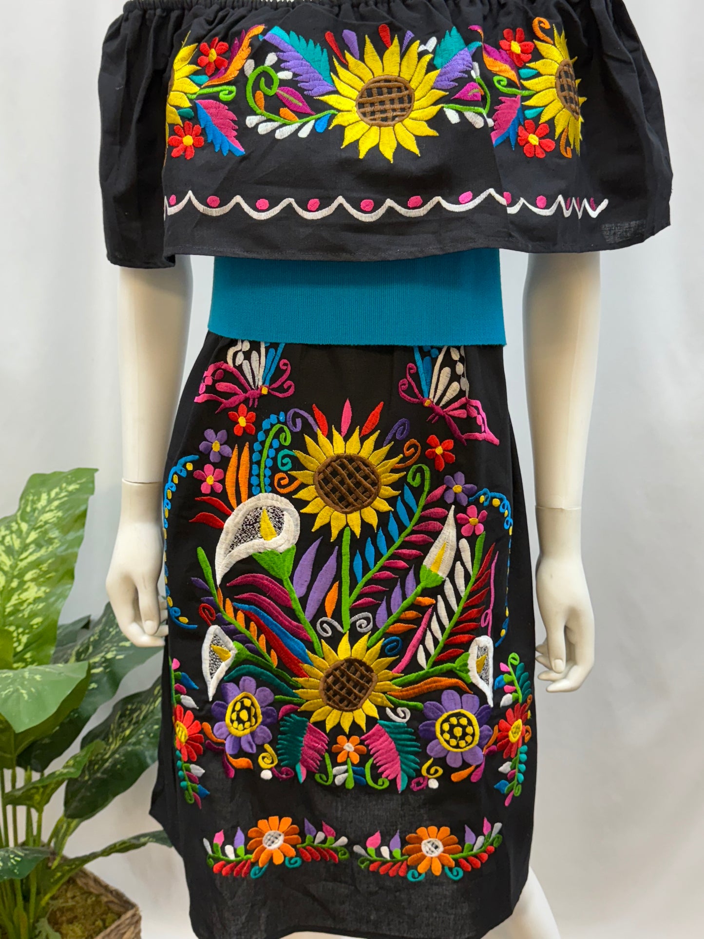 Women's Mexican Sunflower and Lily Off the Shoulder Dress
