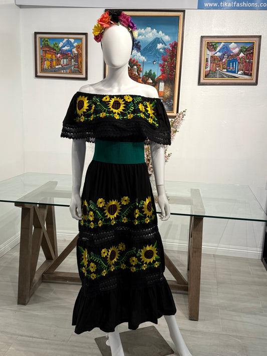 Women's Mexican Sunflower Embroidered Dress